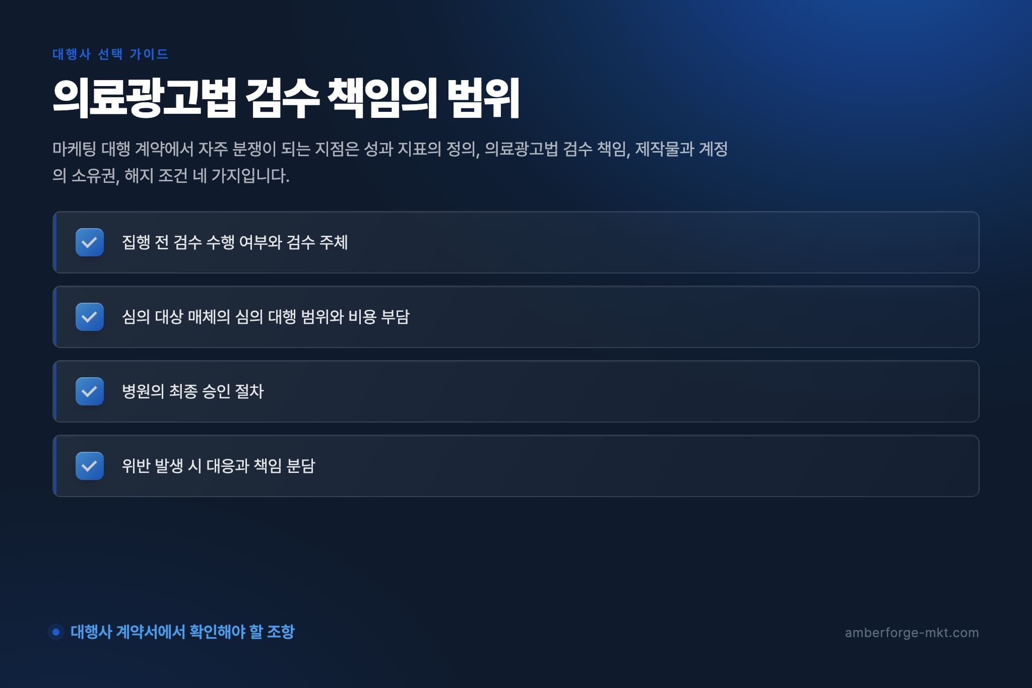 의료광고법 검수 책임의 범위 — 집행 전 검수 수행 여부와 검수 주체 · 심의 대상 매체의 심의 대행 범위와 비용 부담 · 병원의 최종 승인 절차 · 위반 발생 시 대응과 책임 분담