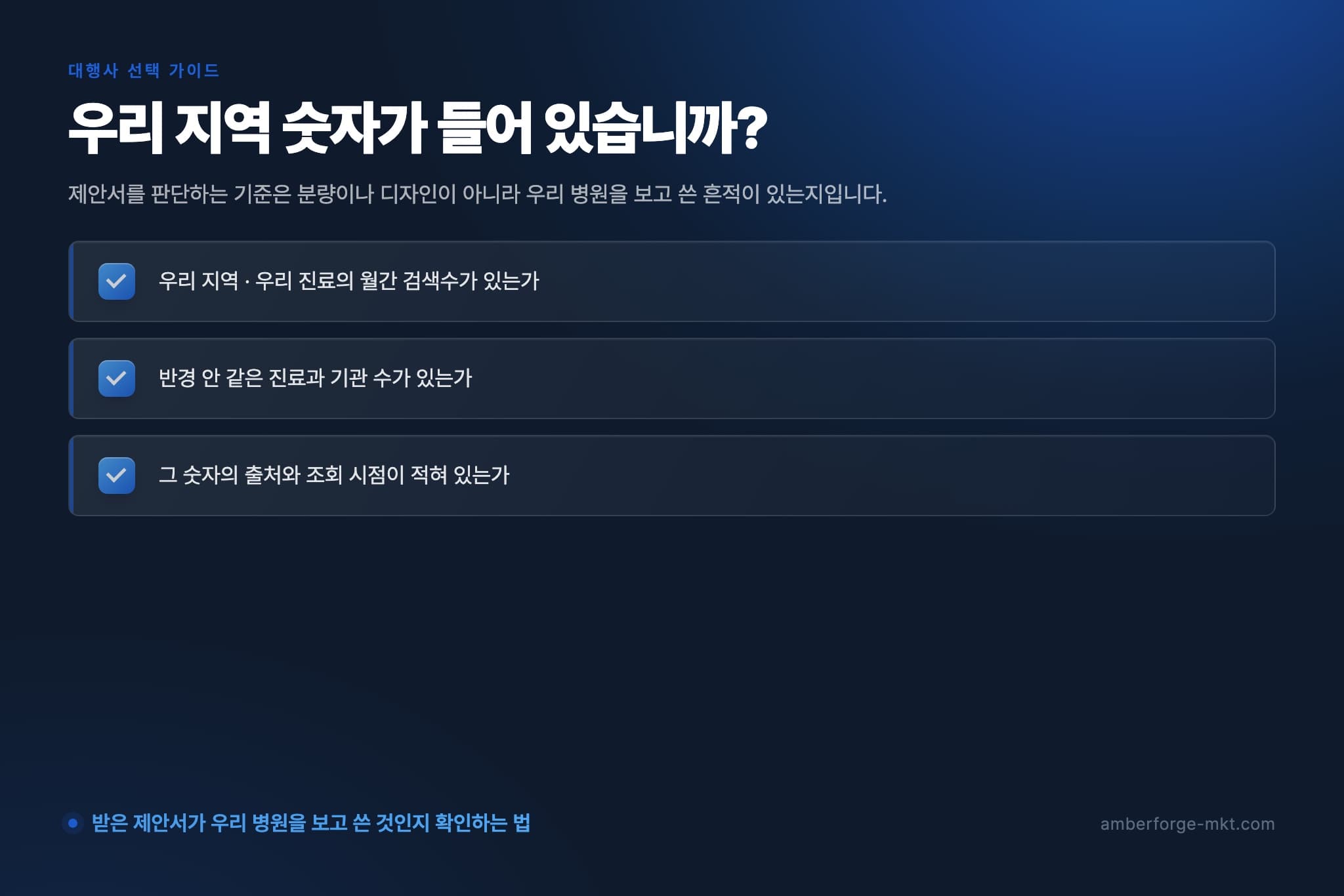 우리 지역 숫자가 들어 있습니까? — 우리 지역 · 우리 진료의 월간 검색수가 있는가 · 반경 안 같은 진료과 기관 수가 있는가 · 그 숫자의 출처와 조회 시점이 적혀 있는가