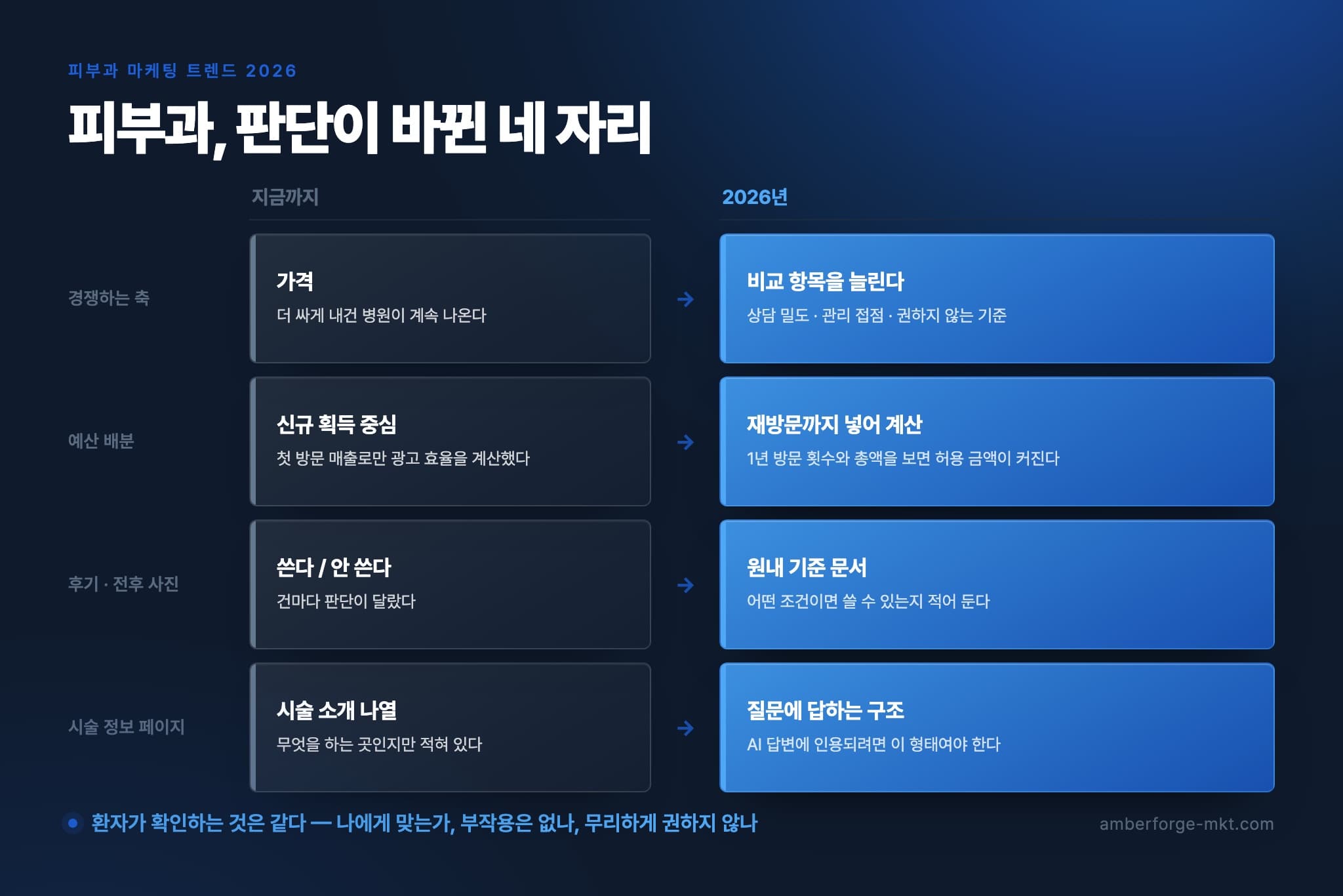 경쟁 축·예산 배분·후기 사용·시술 정보 페이지 네 항목에서 지금까지와 2026년의 판단을 나란히 비교한 표