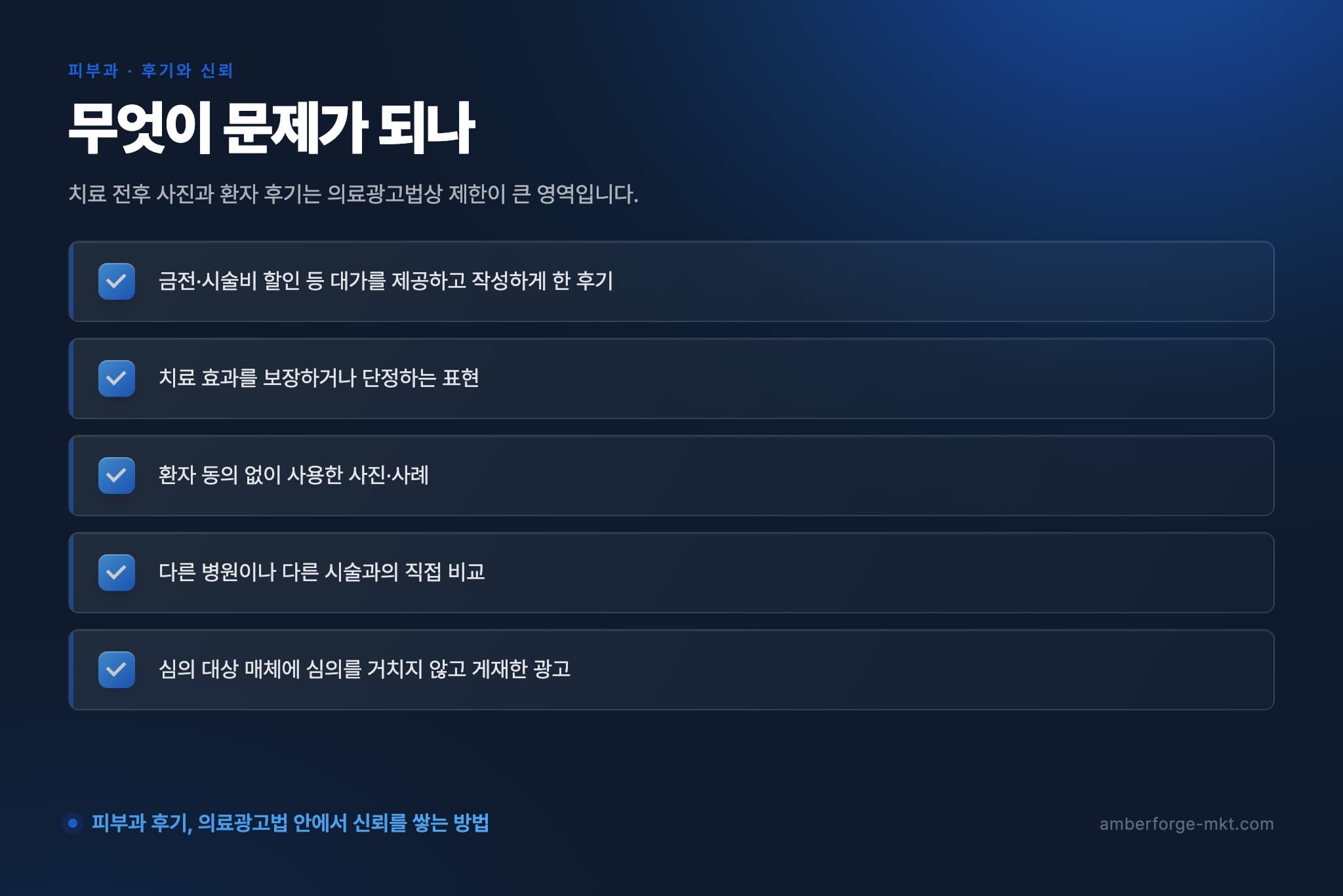 무엇이 문제가 되나 — 금전·시술비 할인 등 대가를 제공하고 작성하게 한 후기 · 치료 효과를 보장하거나 단정하는 표현 · 환자 동의 없이 사용한 사진·사례 · 다른 병원이나 다른 시술과의 직접 비교 · 심의 대상 매체에 심의를 거치지 않고 게재한 광고