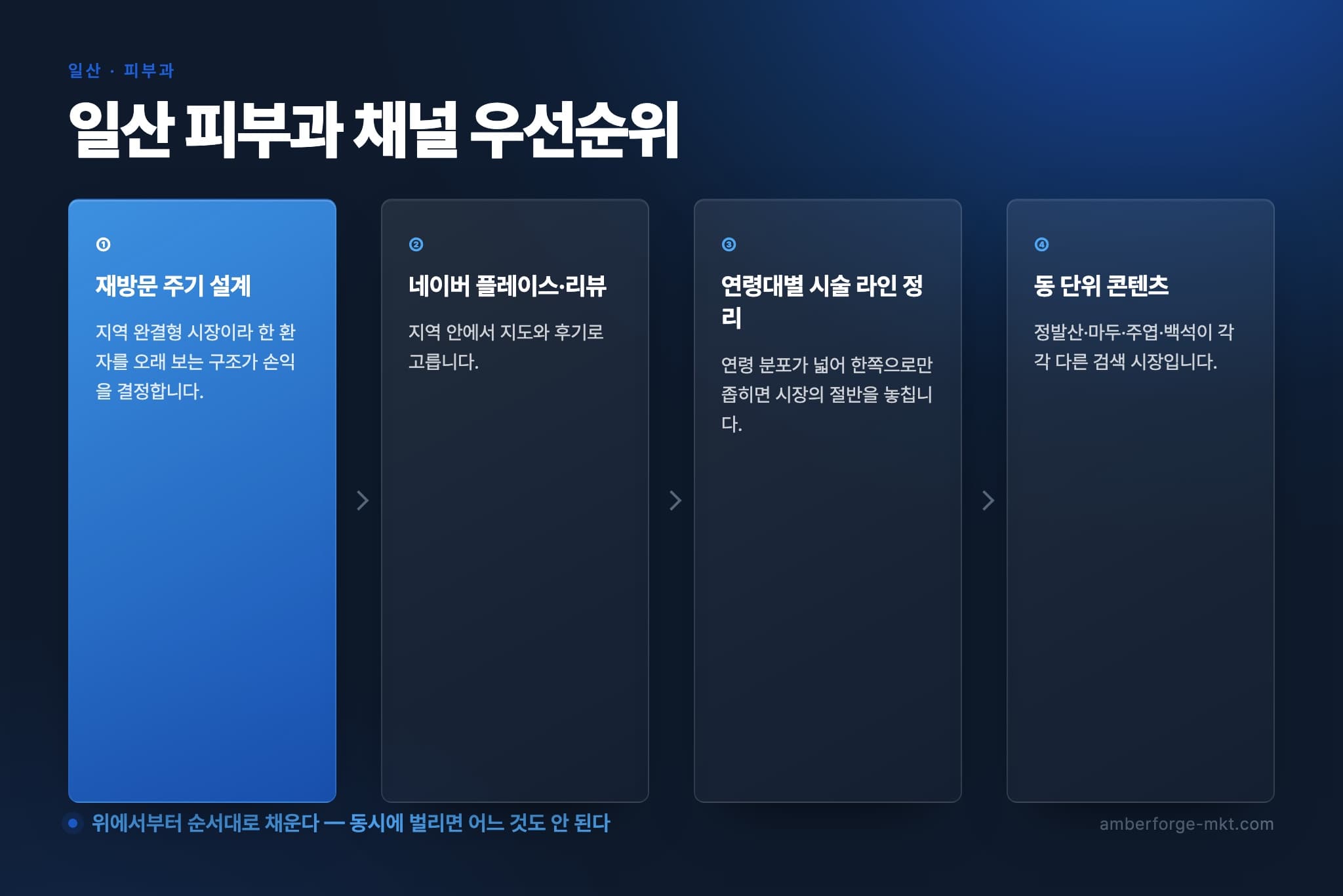 일산 피부과 채널 우선순위 4단계 — 재방문 주기 설계 · 네이버 플레이스·리뷰 · 연령대별 시술 라인 정리 · 동 단위 콘텐츠