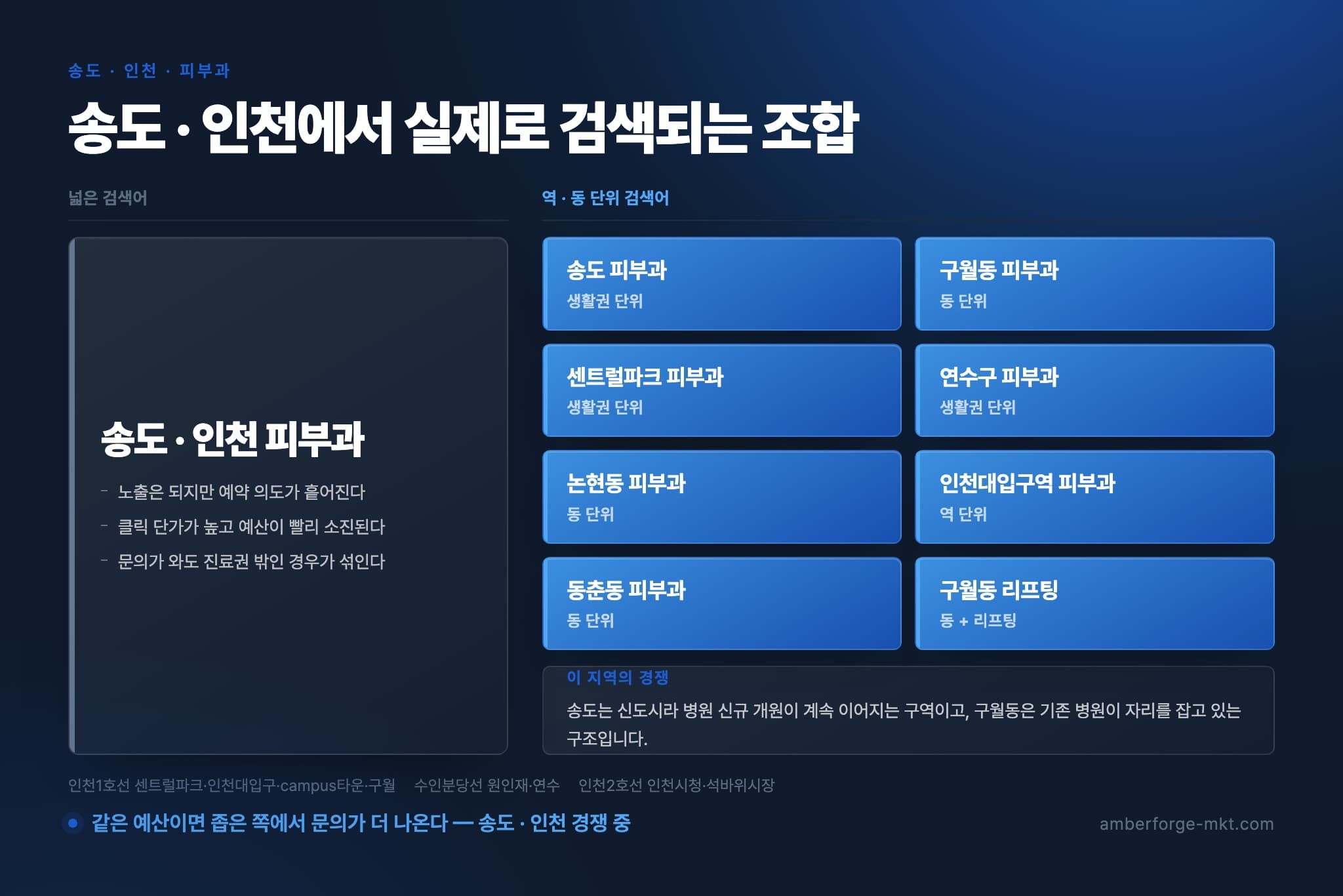 송도 · 인천 피부과 — 넓은 검색어 하나와 역·동 단위 검색어 8개를 나란히 비교한 표