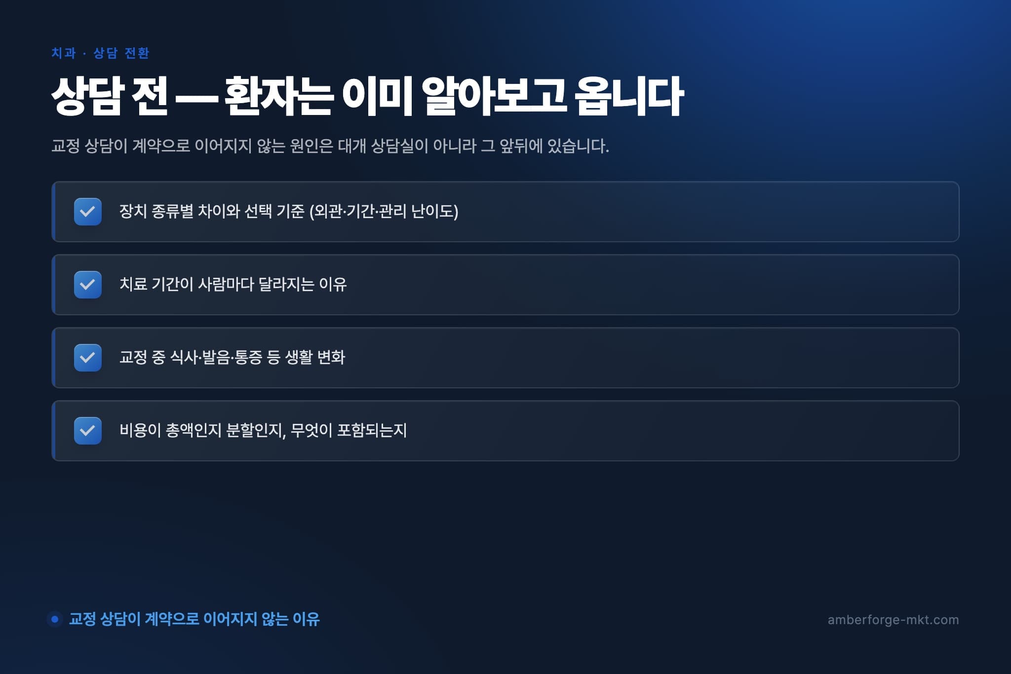 상담 전 — 환자는 이미 알아보고 옵니다 — 장치 종류별 차이와 선택 기준 (외관·기간·관리 난이도) · 치료 기간이 사람마다 달라지는 이유 · 교정 중 식사·발음·통증 등 생활 변화 · 비용이 총액인지 분할인지, 무엇이 포함되는지