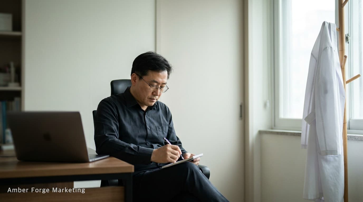 원장실 책상에서 노트북을 보며 메모지에 체크리스트를 적는 남성 의사 한 명