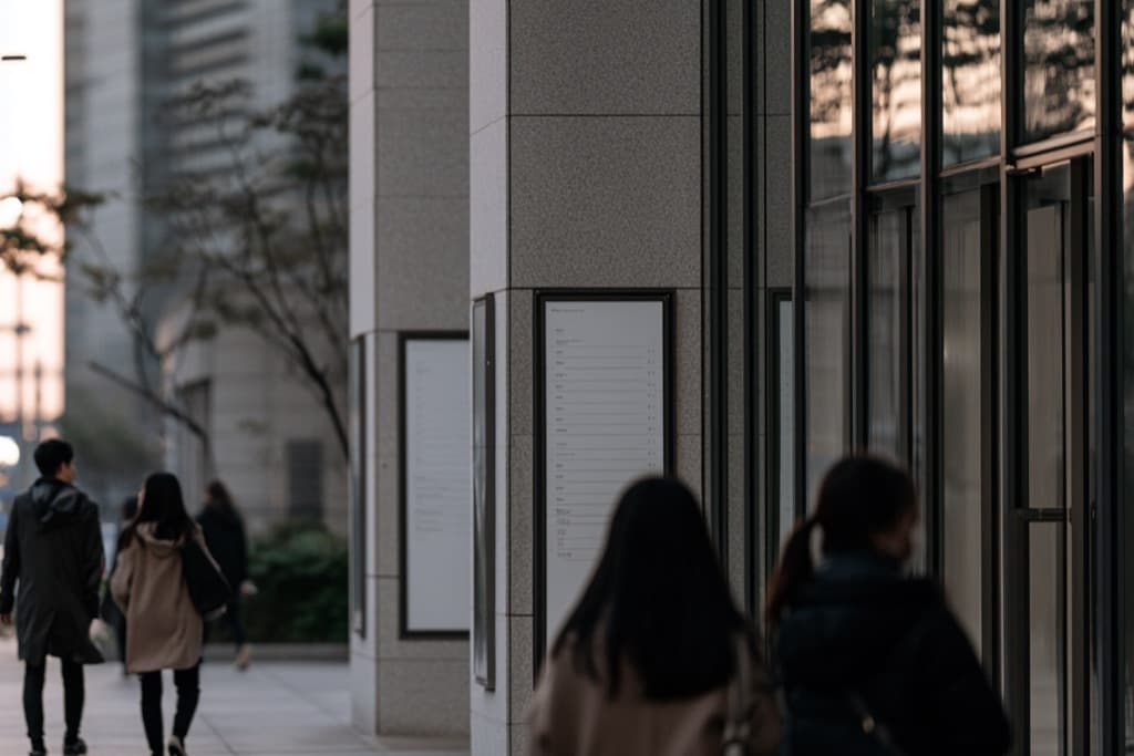 이른 저녁 서울 상가 건물의 층별 안내판과 지나가는 사람들 — 피부과 지역 검색