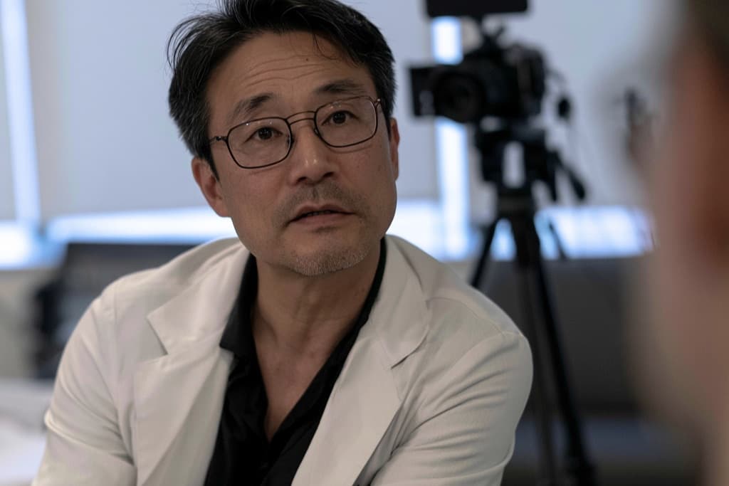 상담실에서 삼각대 위 휴대폰을 보고 이야기하는 흰 가운의 의사 — 피부과 숏폼 소재