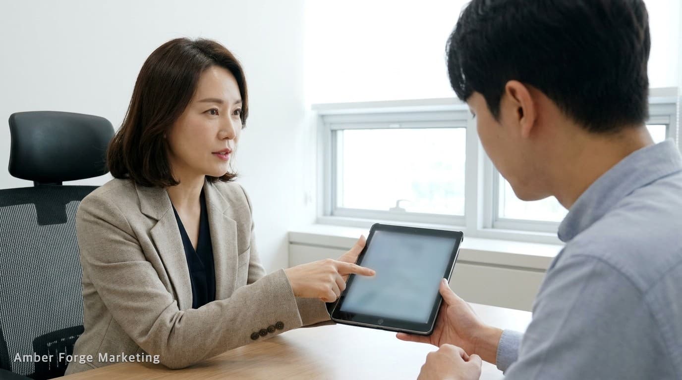 피부과 상담실에서 원장과 마케팅 담당자가 태블릿을 보며 상의하는 모습