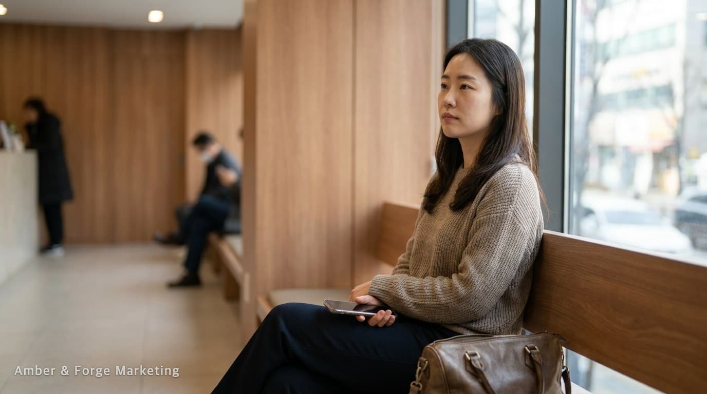 치과 대기실 의자에 앉아 휴대폰을 무릎에 내려놓고 생각하는 여성