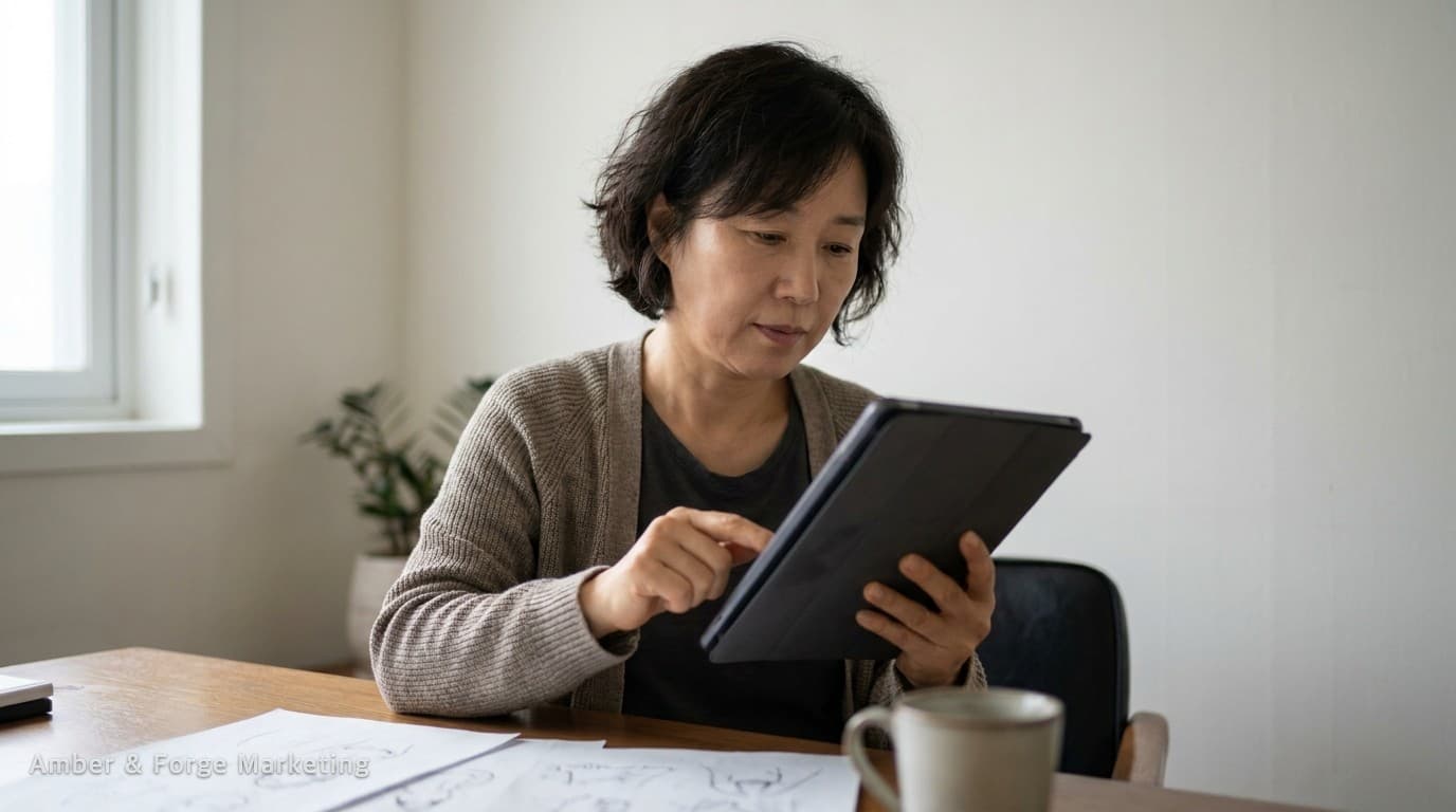 태블릿으로 모바일 홈페이지 화면을 확인하는 원장님과 종이 스케치