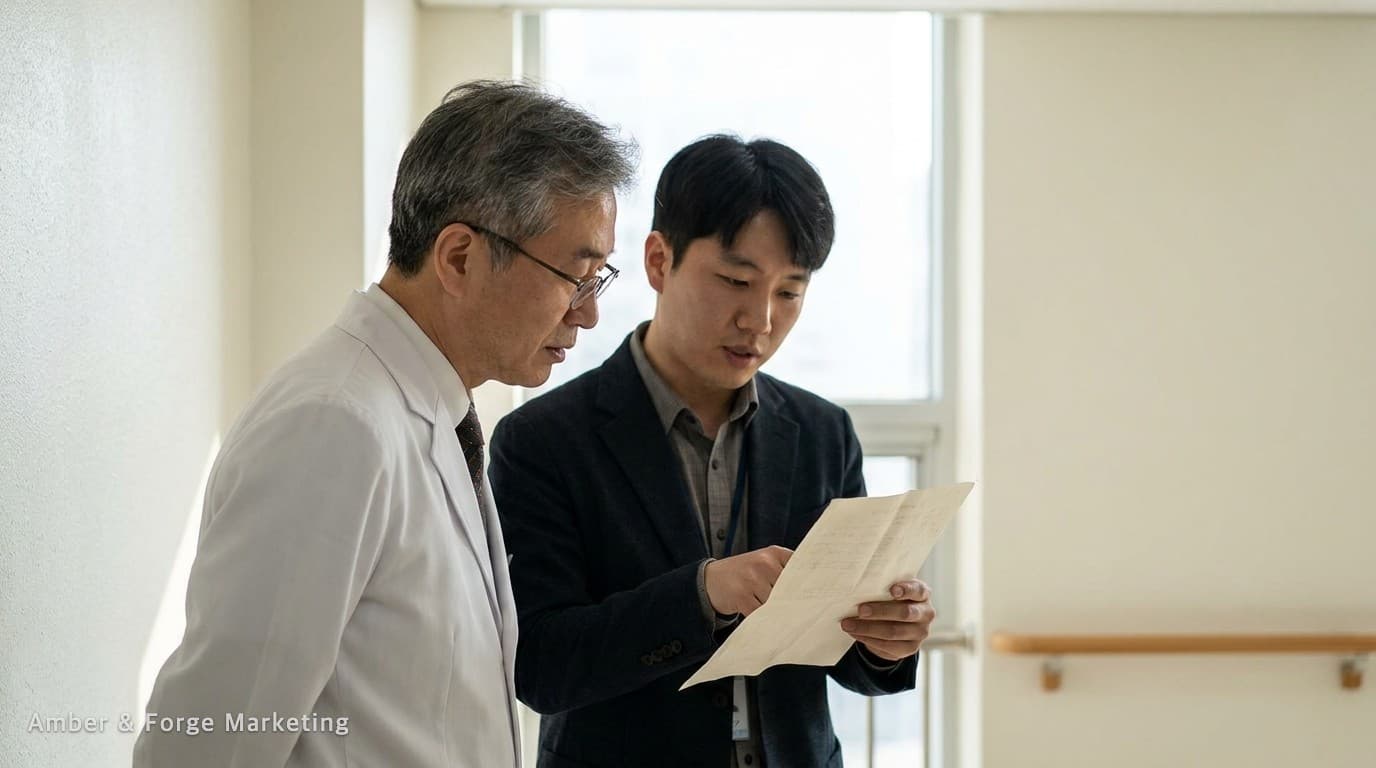 병원 2층 복도에서 접은 종이를 든 실무자가 원장님에게 홈페이지 주소 구조를 설명하는 모습