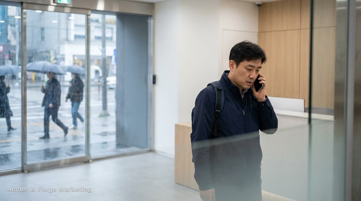 치과 출입구에서 휴대폰으로 통화하는 남성