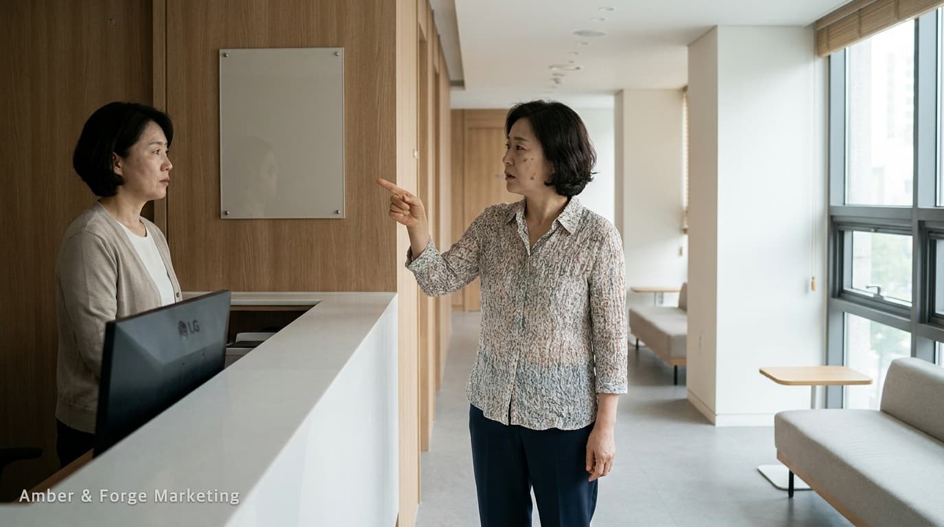 수원 치과 접수 데스크에서 환자가 직원에게 위치를 묻는 모습